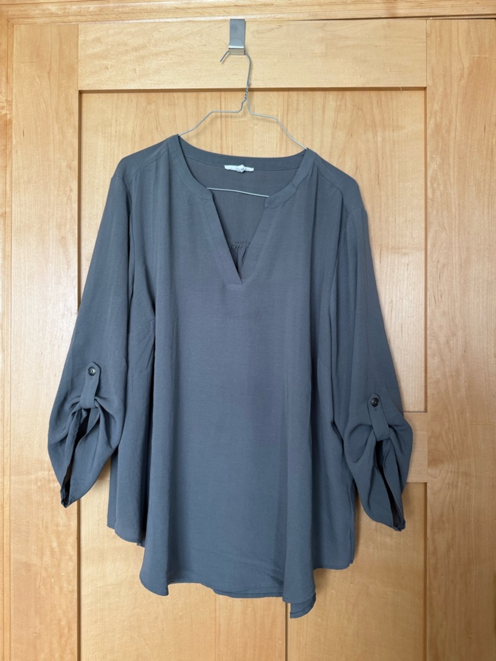 Maurice’s Women's Gray Green V-Neck Roll-Sleeve Blouse